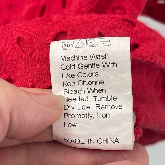 Shein Womens Blouse Top Eyelet Embroidered 100% Cotton Short Sleeve Red Small - Picture 5 of 13